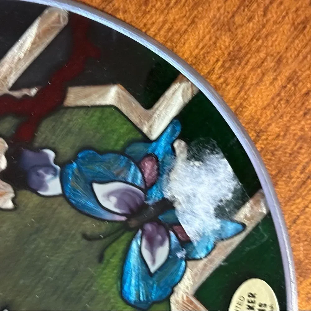 NIB Joan Baker Designs Hand Painted Stained Glass Suncatcher Butterfly Flowers
